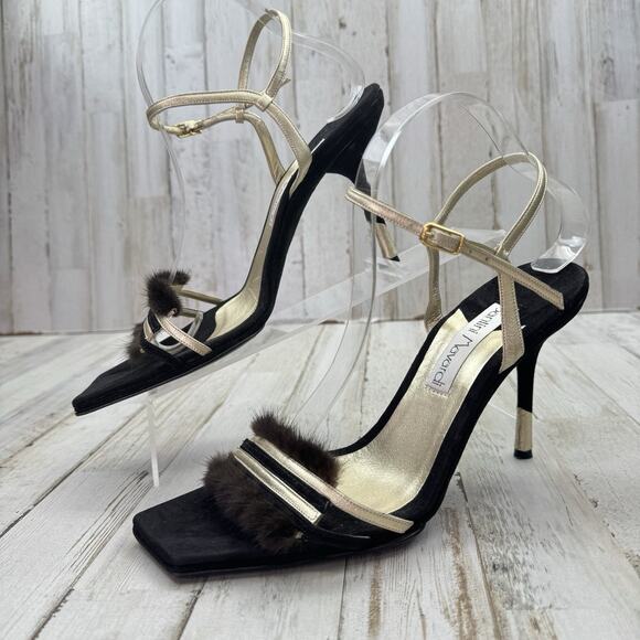 Santini Mavardi Black Suede Real Fur Trim Unique Gold Heels Designer Sz 40 US 9 - Picture 1 of 13